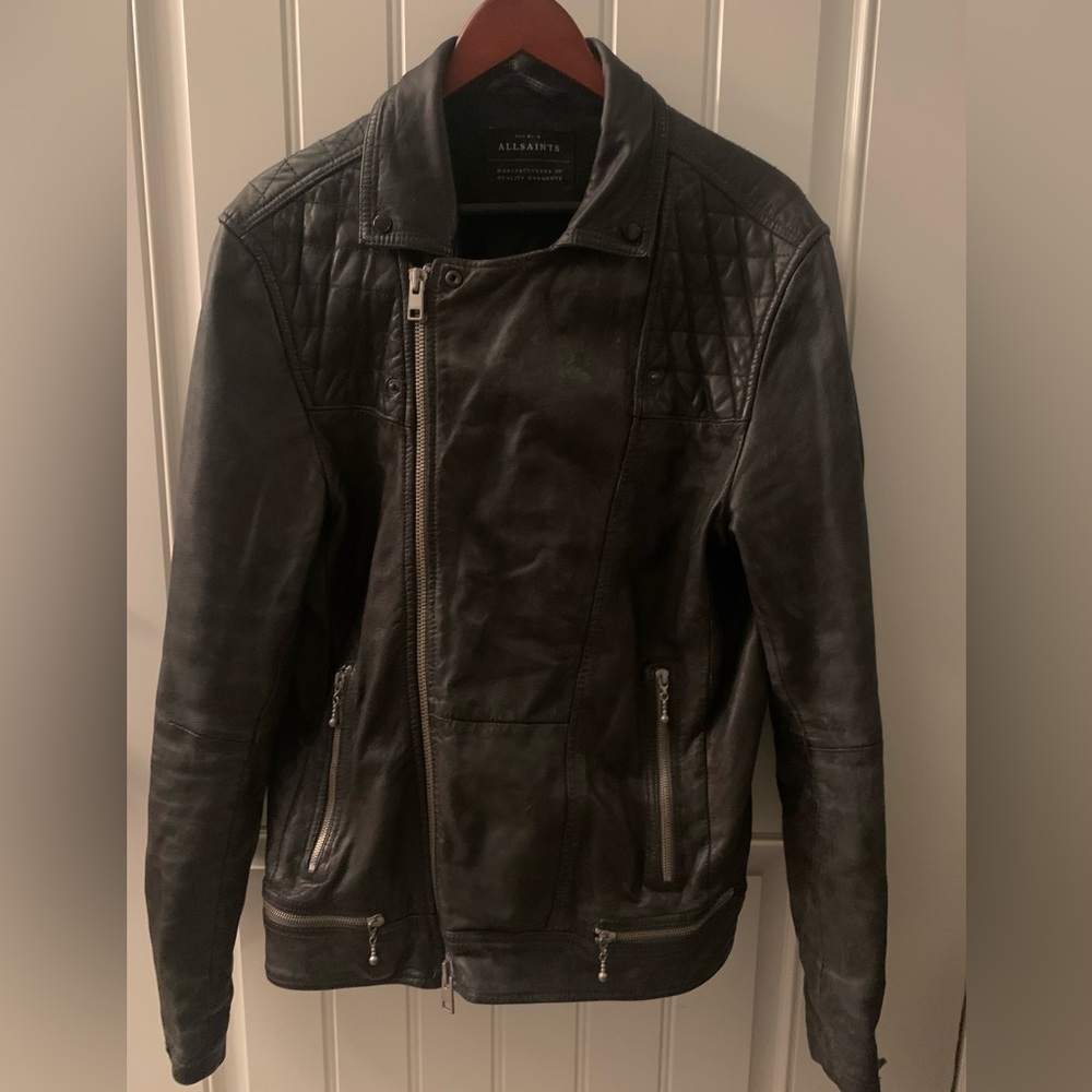 ALLSaints leather moto jacket in dark brown